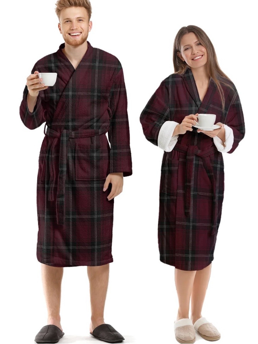 Club Room men’s plaid dark red shawl collar plush bathrobe, one size loungewear